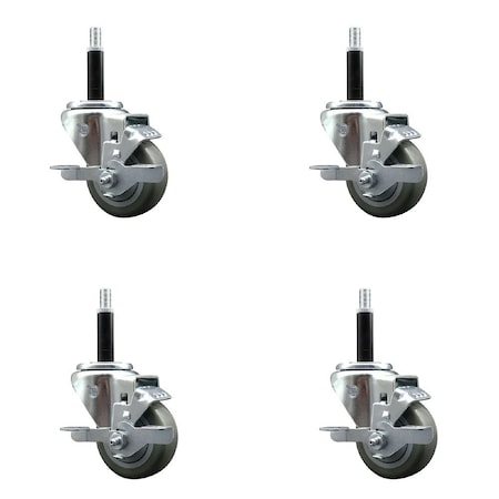 Service Caster 3'' Gray Poly Swivel 3/4'' Expanding Stem Caster Set with Brake, 4PK SCC-EX20S314-PPUB-TLB-34-4